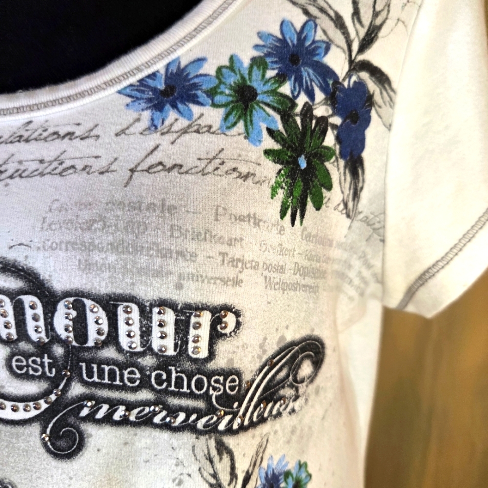 ✨️UPDATED✨️ VTG Y2K Blue Canyon Paris Graphic Tee Rhinestone Eiffel Tower Top M - Picture 11 of 15